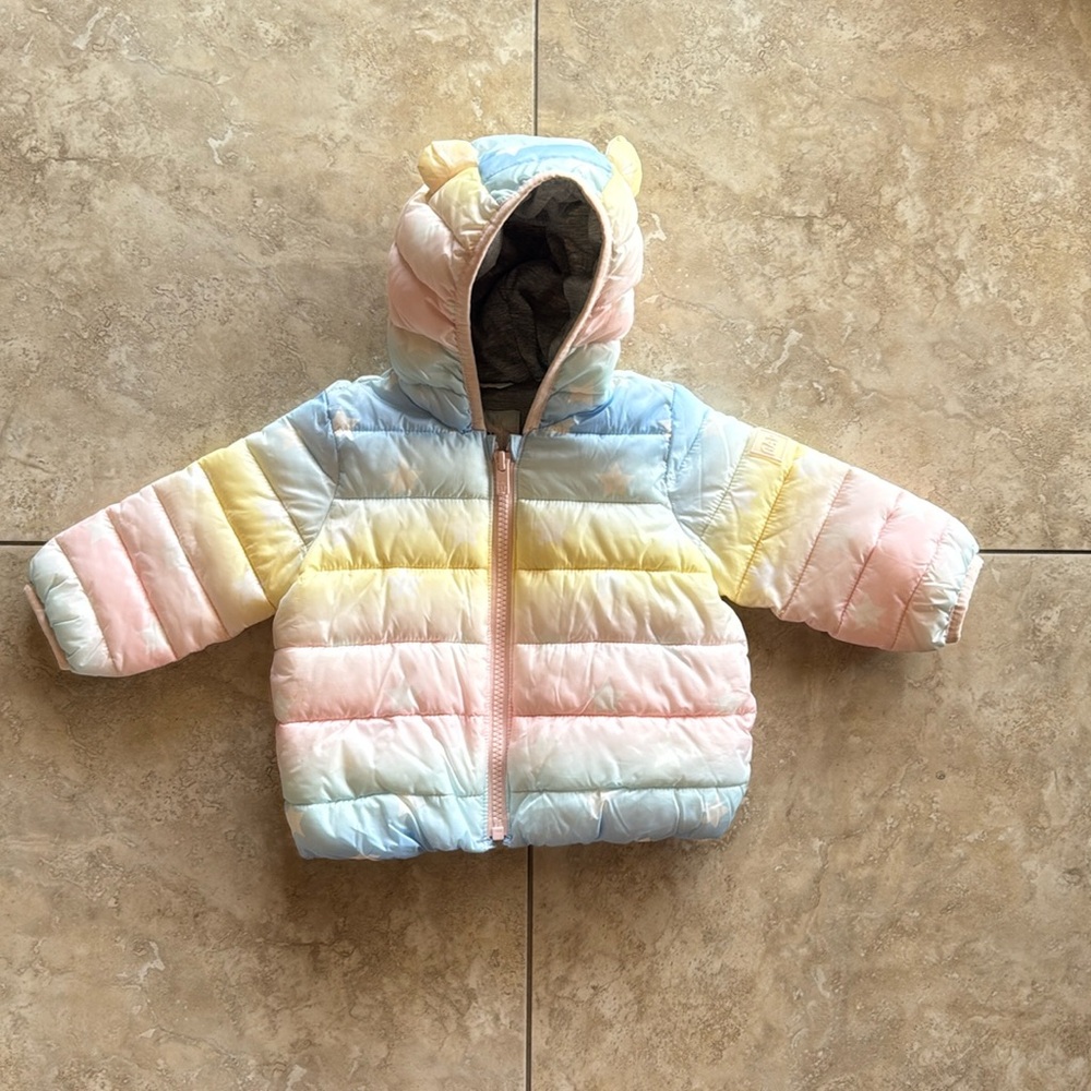 Baby Gap Pink/Yellow/Blue Ombré Winter Coat w/ White Stars and Hood, SZ: 6-12M
